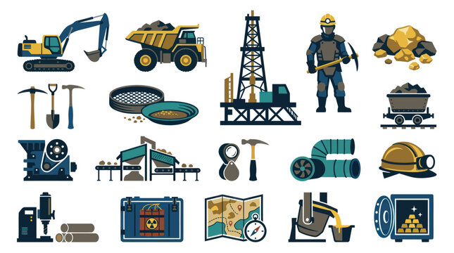 Mining Industry Equipment and Tools Flat Vector Icons Set