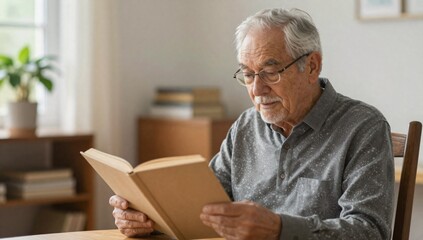 Fototapeta premium Elderly man engrossed in reading a book at home during a leisurely afternoon