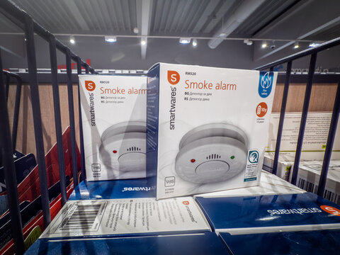 BELGRADE, SERBIA - MAY 17, 2026: Smartwares RM520 smoke alarm boxes for sale on a store shelf in Belgrade, showing product packaging, fire safety markings, detector images, and home safety retail disp