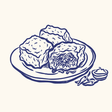 Hand Drawn Indonesian Fried Stuffed Tofu Vector Illustration - Cute Doodle Tahu Isi Gorengan with Chili and Dipping Sauce for Traditional Street Food Design