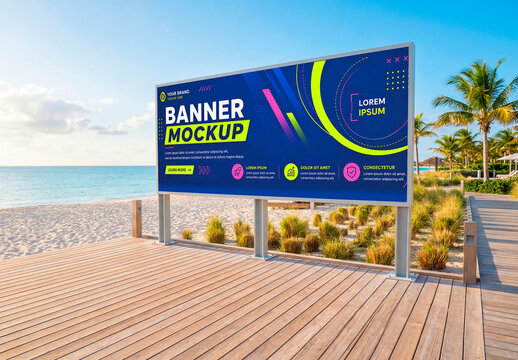 Beach billboard mockup on wooden deck with ocean view