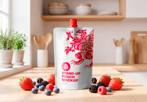 Blank spout pouch mockup with berries in kitchen