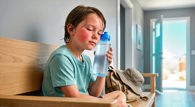 Overheated young child cooling down with cold water bottle. Boy with flushed cheeks resting on wooden bench indoors during summer heatwave