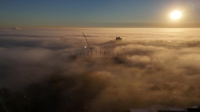Foggy Sunrise Over KU Campus and Lawrence Kansas