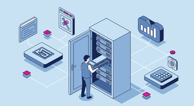 Isometric technician installing server blade in data center rack