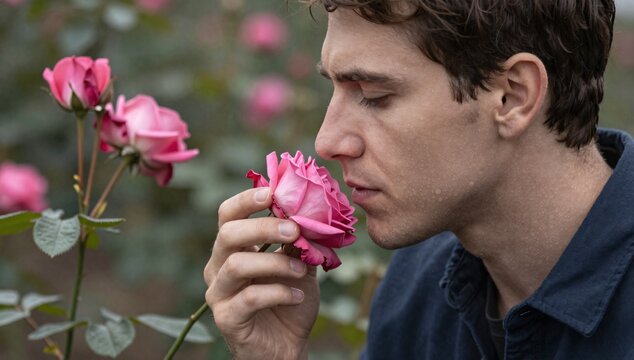 Attractive man appreciating the aroma of a pink rose in an outdoor garden