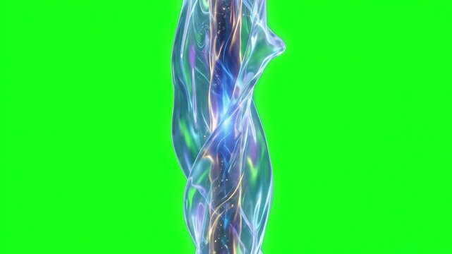 A vertical stream of transparent, iridescent fluid twists and flows with internal neon light reflections. This dynamic 3D abstract element stands out against a chroma key green screen, suitable for sc