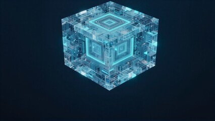 A glowing blue cube with intricate circuit patterns, floating in a dark space. © YiuCheung