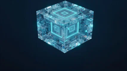 A glowing blue cube with intricate circuit patterns, floating in a dark space. © YiuCheung