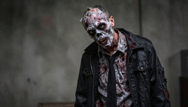 Undead figure with decaying flesh stares ahead with blank eyes