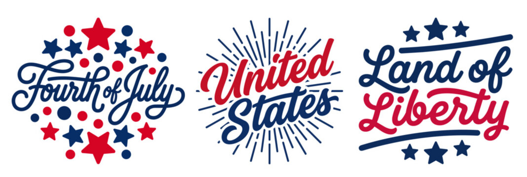 Cursive fourth of july typography collection featuring circular star clusters retro sunburst lines and land of liberty slogans