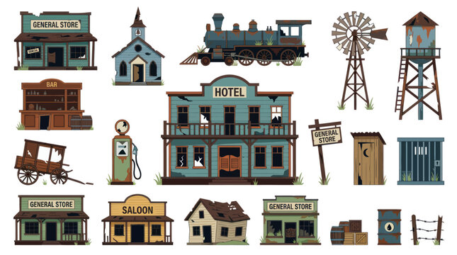 Old Western Town Vector Assets: General Store, Saloon, Hotel, Train, Windmill