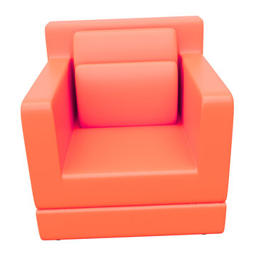 Modern orange armchair featuring minimalist boxy design isolated against pure white studio background.