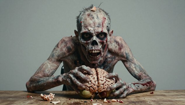 Horrifying zombie clutches a brain on a wooden table with a grey backdrop, portraying a chilling scene