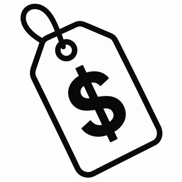 A black and white graphic icon of a price tag with a dollar sign on it