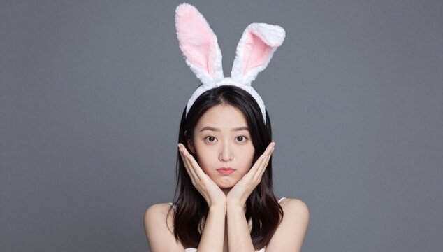 Attractive asian woman wearing bunny ears smiles sweetly while posing for easter holiday