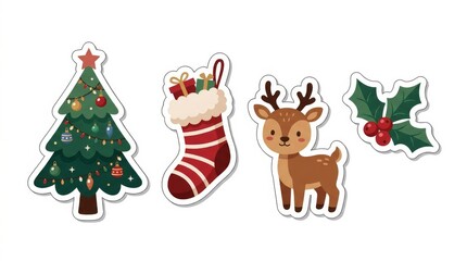 Naklejka premium Cute Christmas Sticker Set with Tree Stocking Reindeer and Holly