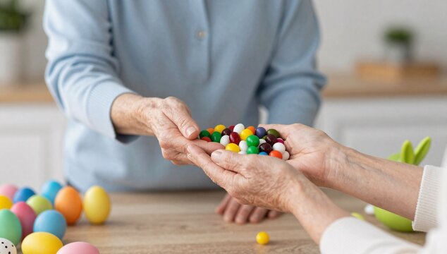 Senior woman shares handful of colorful candies with another woman during easter