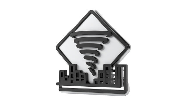 3D tornado warning sign over city skyline isolated on white background