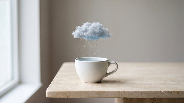 Tiny rain cloud floating above coffee cup surreal minimalist conceptual still life soft light