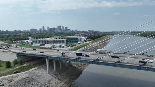 Aerial of a Bridge and the Kansas City Skyline at Summer