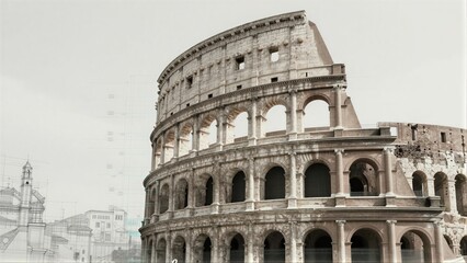 Naklejka premium Ancient Colosseum stands tall, juxtaposed with modern cityscape in sepia tones.