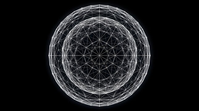 Intricate white wireframe sphere on black background with geometric patterns