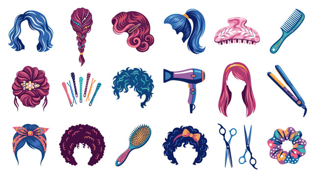 Hair Care  Styling Vector Illustration Set: Diverse Hairstyles, Salon Tools, and Accessories