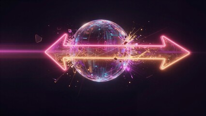 Fototapeta premium Vibrant globe shatters into glowing particles, propelled by neon arrow through cosmic energy streams.