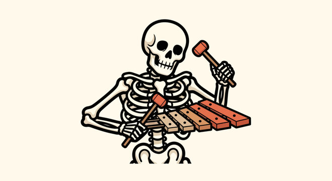 Skeleton Playing Ribcage Like a Xylophone Cartoon Vector Art
