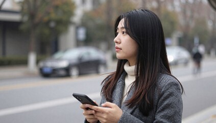 Fototapeta premium Young woman using her smartphone while standing on a city street in the daytime