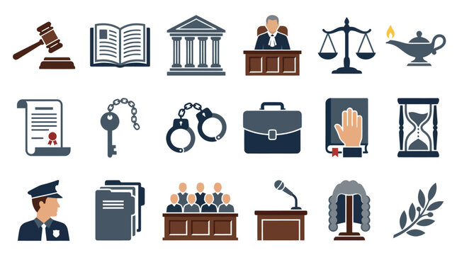 Law and justice icons: gavel, book, scales, judge, police, and courthouse