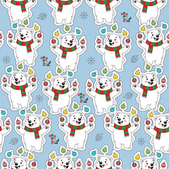 Obraz premium Seamless festive Christmas pattern featuring joyful white polar bears juggling colorful Christmas ornaments against light blue background, Snowflakes and holly berries. Holiday and festive celebration