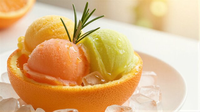 Colorful sorbets in an orange half, garnished with rosemary and ice cubes.