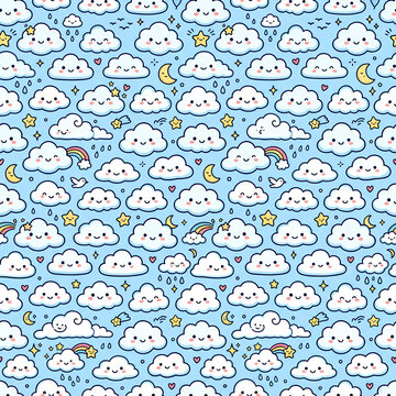 Cute smiling cartoon clouds pattern against blue sky.