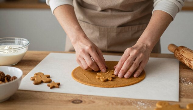Woman carefully cutting out star shaped cookie from a sheet of gingerbread dough