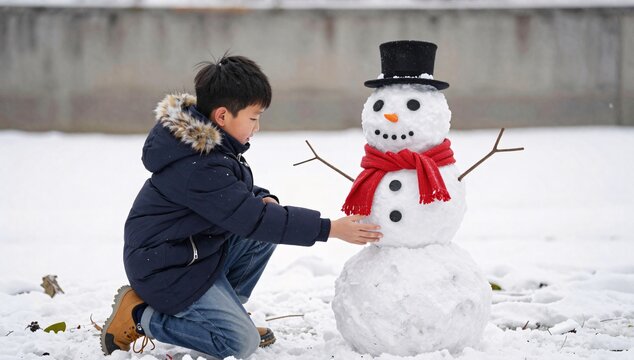 Little boy building a snowman with a hat and scarf outdoors on a snowy winter day