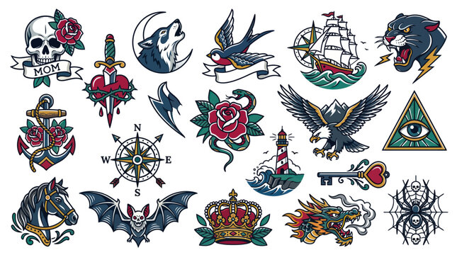 Traditional American Tattoo Style Vector Set - Old School Flash Designs  Classic Symbols
