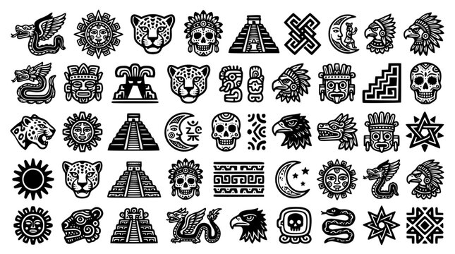 Aztec symbols and icons in a vector graphic illustration set
