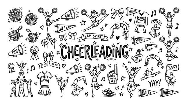 Black and white cheerleading vector illustration with various sports elements