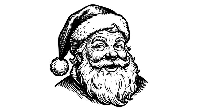 Black and white illustration of Santa Claus wearing a hat