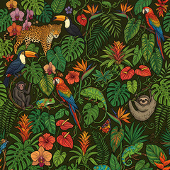 Fototapeta premium Dense Tropical Jungle Scene Teeming with Jungle Animals.