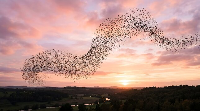 Large flock of black birds flying across a vibrant sunset sky
