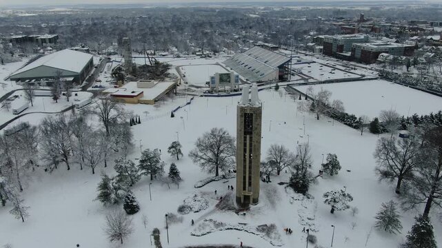 Aerial of Sledding on Snowy KU Campus Lawrence Kansas