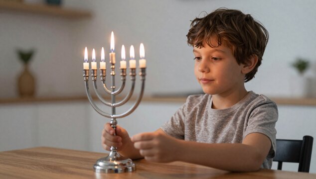 Young boy observes a menorah with lit candles on a wooden table during Hanukkah