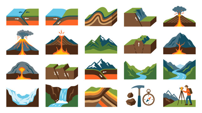 Geology Earth Science Flat Vector Icons: Landforms, Volcanic Eruptions, Tectonic Faults, Mountains, Glaciers, and Surveyor Tools
