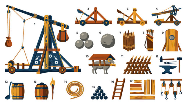 Medieval Siege Warfare Flat Vector Illustration Set with Trebuchets, Catapults, Tools, and Supplies Icons