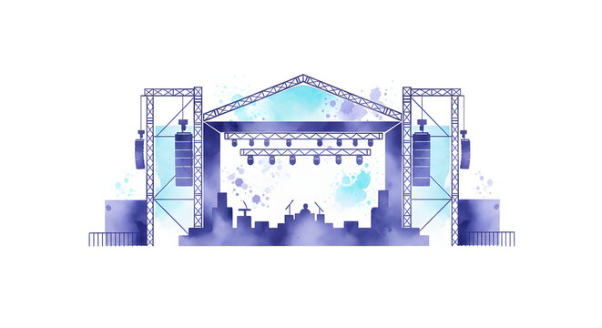 Watercolor illustration of a professional outdoor concert stage with metal trusses, hanging line array speakers, spotlights, and musical equipment silhouette on white background.
