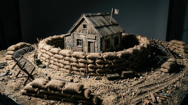 Small scale diorama of a military outpost protected by sandbags and wire