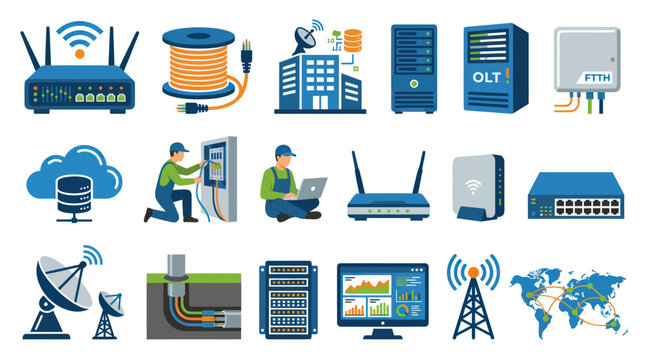 Flat Vector Icons of Technology and Telecommunication Network Devices, Internet Infrastructure, and Cloud Services